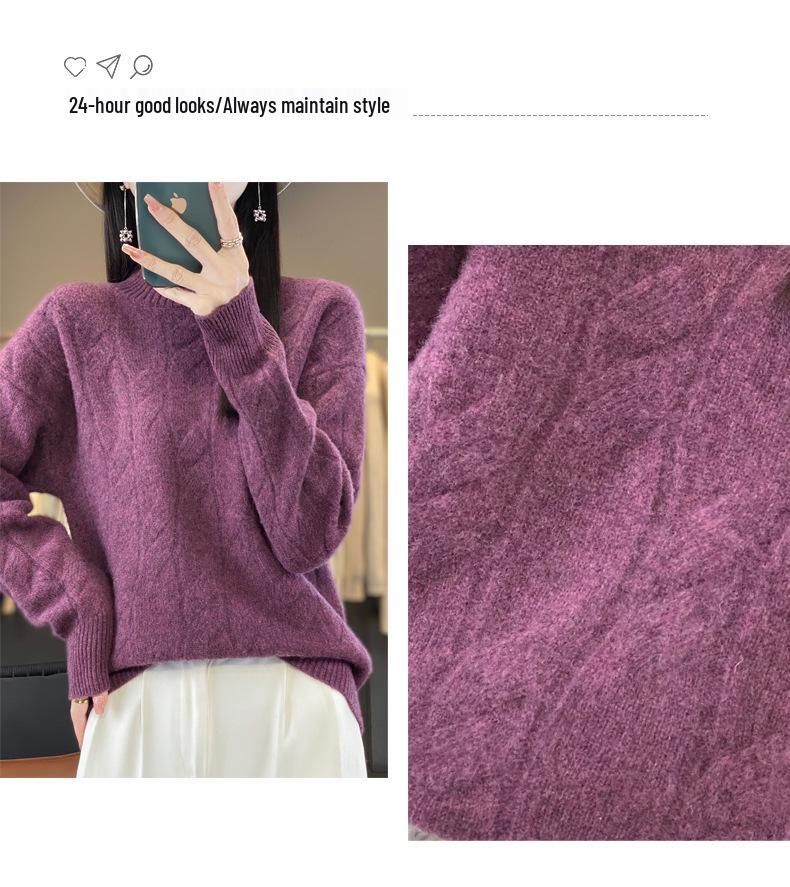 2024 Autumn/Winter Women's Half-High Neck Wool Sweater - Loose Knit Thickened Cable Base Layer