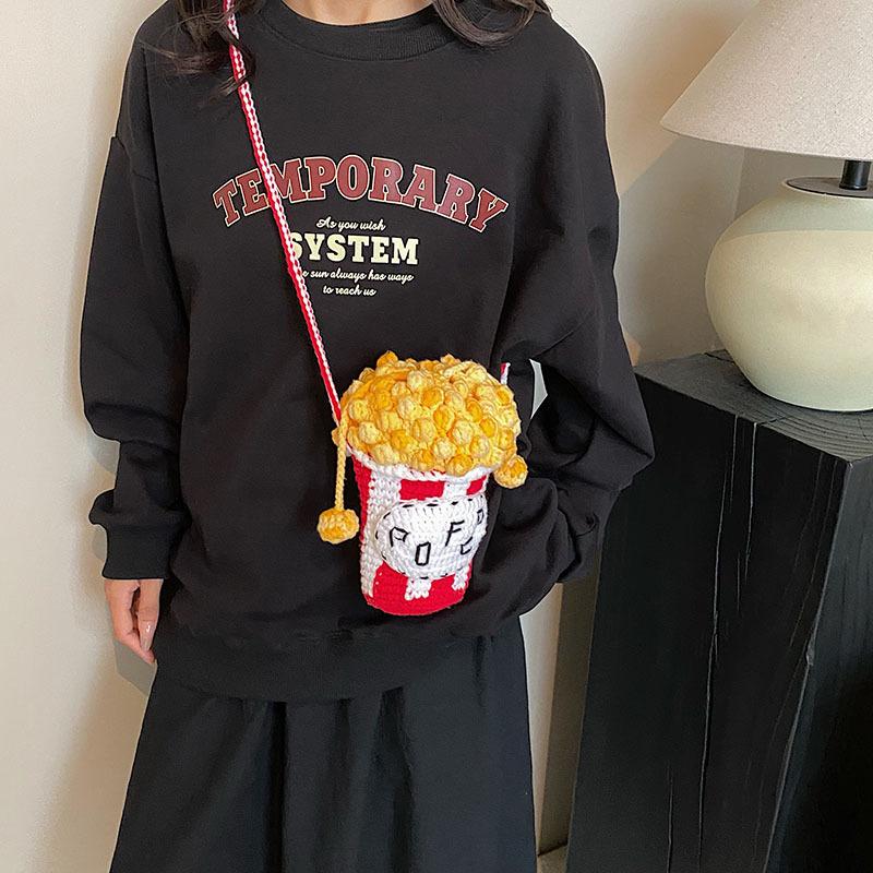 Schoolbag Women's Red Bag Cartoon Cute Popcorn Woven Contrasting Color Bucket Bag Winter New Versatile Shoulder Messenger Bag