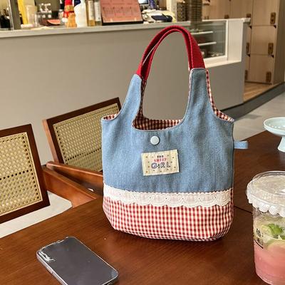 Korean INS Sweet Lace Handbag Leisure Denim Plaid Tote Bags Portable Women's Bag Commuting Bag
