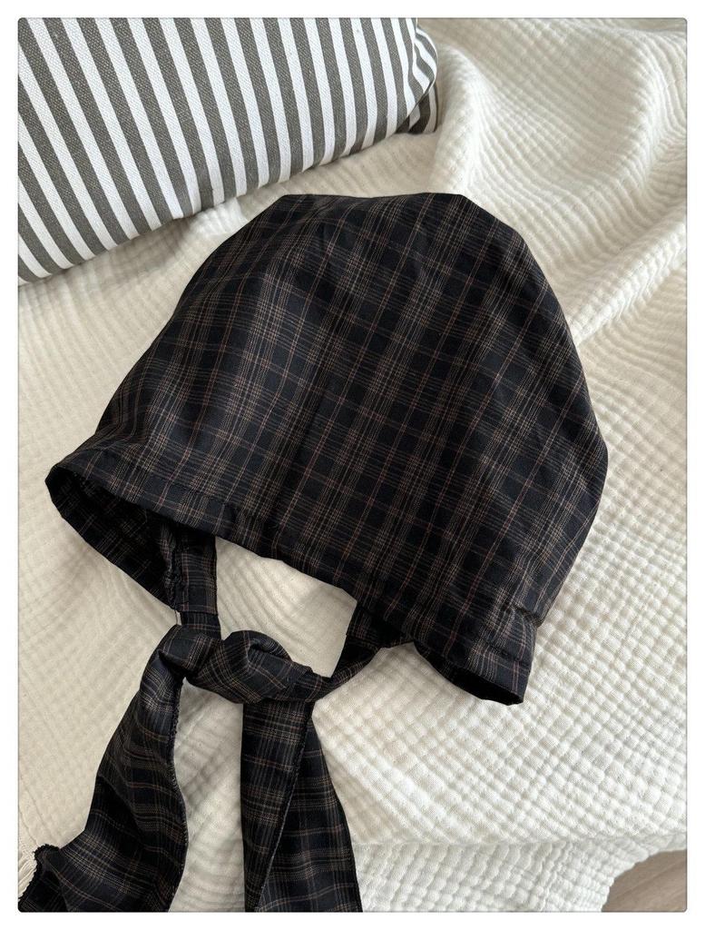 Japanese Plaid Tie-Up Headband Beanie for Women: Spring/Summer Fashionable Versatile Design