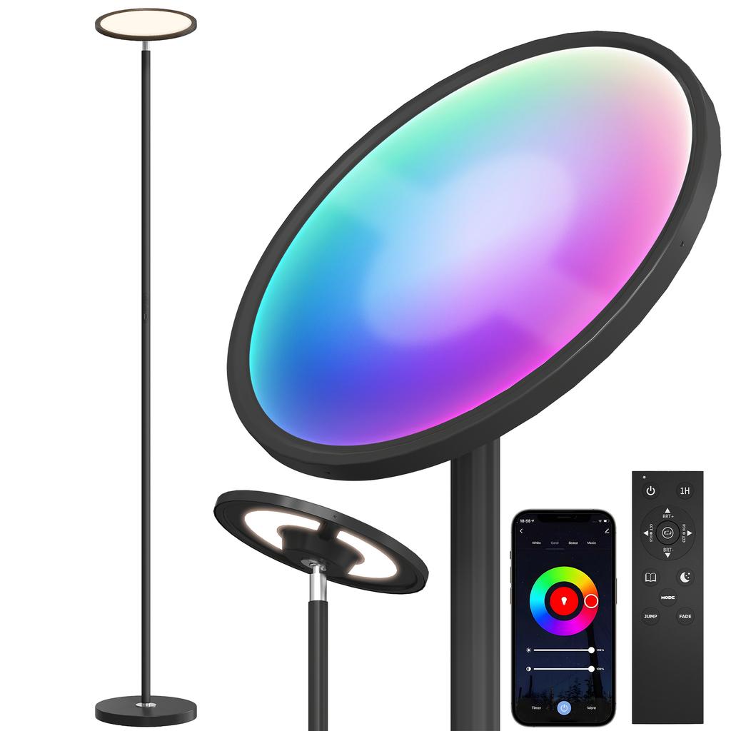Uplighter Floor Lamp with Tuya App and Music Sync, Standing Lamp with Adjustable Head for Living Room Bedroom, Black