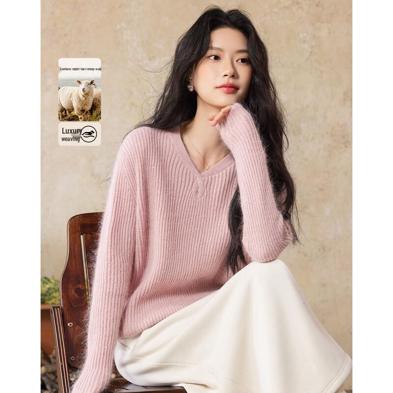 Women s Elegant V-Neck Sequin Knit Sweater with Rabbit & Lamb Wool M