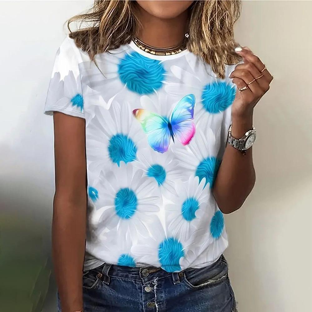 Fashion Artistic Flower Pattern T-Shirt Women Summer Leisure Graphic Tee Female Casual Elegant Short Sleeved Round Neck Tee Tops