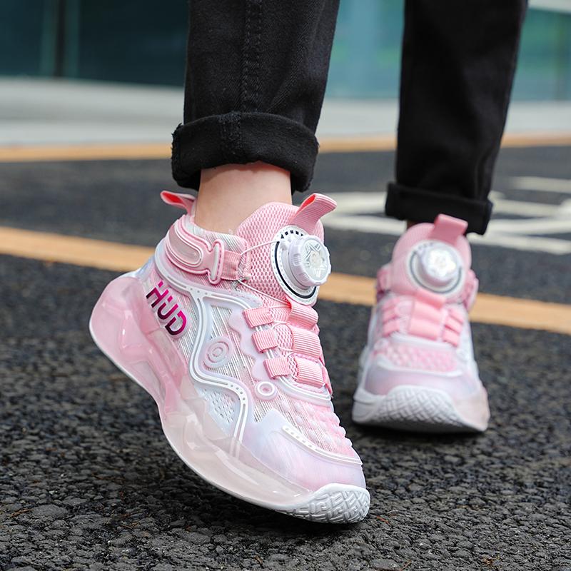Kids Sports Basketball Shoes Boys Breathable Sports Shoes Fashion Rotating Button Night Reflective Girls Sports Shoes