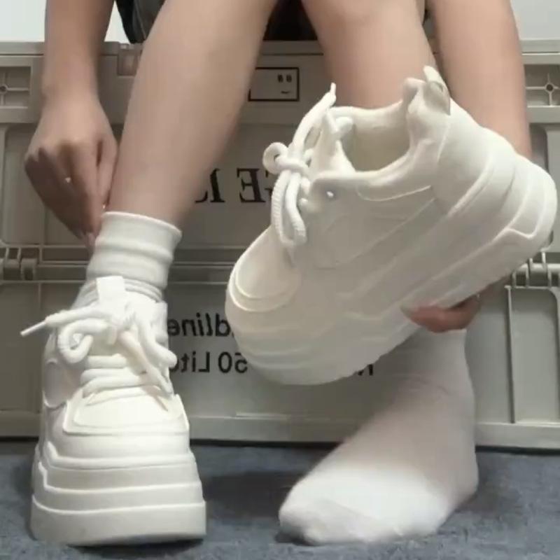 White sneakers women's autumn muffin platform white shoes round head lace-up breadboard shoes heightening casual shoes children