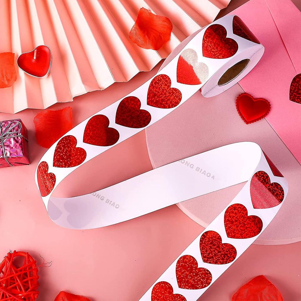 500 Pieces Valentine's Heart-Shaped Stickers Roll Glitter Heart Decorations Stickers Self-Adhesive Love Roll Stickers for Valentine, Anniversary, Wedd