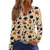 Women's Fashion Casual Halloween Printed V-Neck Button Trim Long Sleeve T-Shirt Top