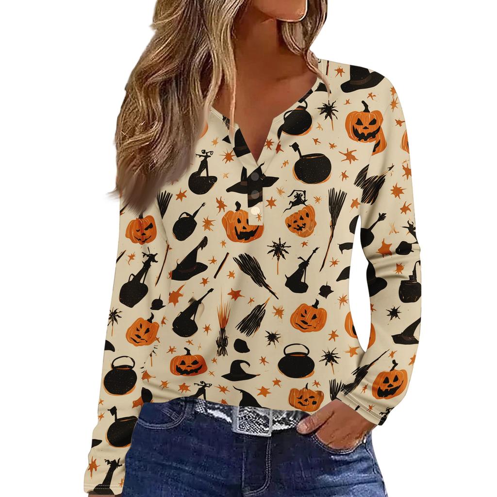 Women's Fashion Casual Halloween Printed V-Neck Button Trim Long Sleeve T-Shirt Top