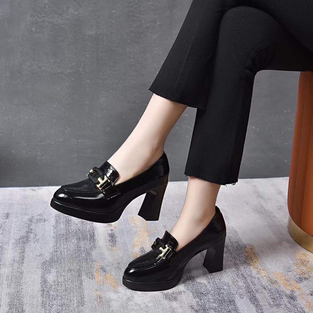 Pointed High Heels Women's Spring New Cow Patent Leather Deep Mouth Single Shoes One Pedal Thick Heel Fashion Shoes