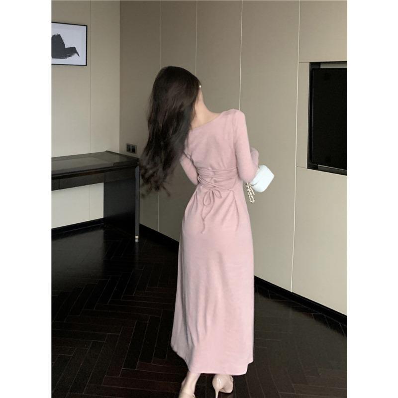 Spring Autumn Women's Elegant Ruffles Lace Up Dress Ladies Solid Color Temperament Slim Knitting Robe Vestidos