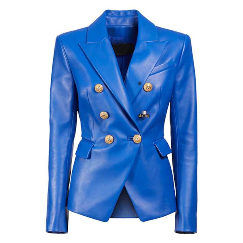 

2025 Spring Women s Slim Fit V-Neck Leather Blazer Jacket Triple Extra Large синий
