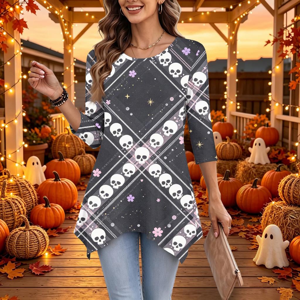 Women's Halloween Print 3/4 Sleeve Loose Fit Casual Top – Fun Holiday Party Tunic Blouse