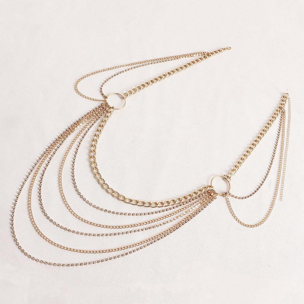 European and American fashion versatile metal rhinestone chain fringed waist jewelry women's bikini decoration nightclub rock body chain Spice girl