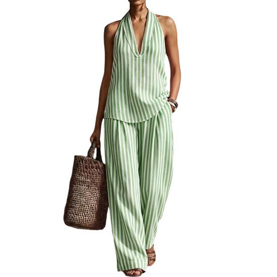 Women's Summer Striped Two Piece Set Sleeveless Halter Neck Top And Long Pants Matching Sets Casual Travel Vacation Outfits