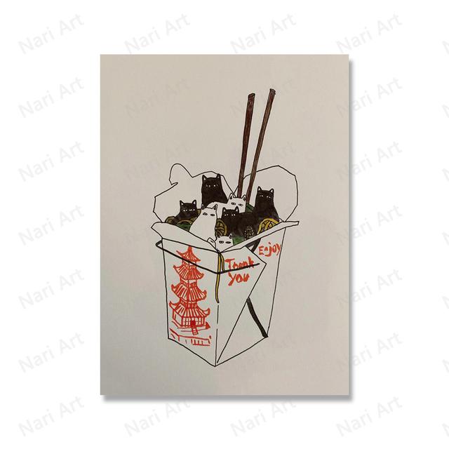 Vintage Abstract Black Cat Poster Four Seasons Flower Food Cat Print Wall Picture Fun Bathroom