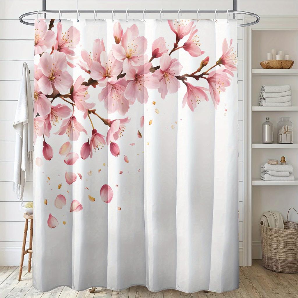 1pc White Background Flower Branch Pattern Printed Shower Curtain, Polyester Fabric with Hooks, Simple Style Window and Wall Bat