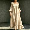 Women Round Neck Bell Sleeve Ruffle Hem Maxi Dress with Pockets Solid Color Casual Loose Fit Dress
