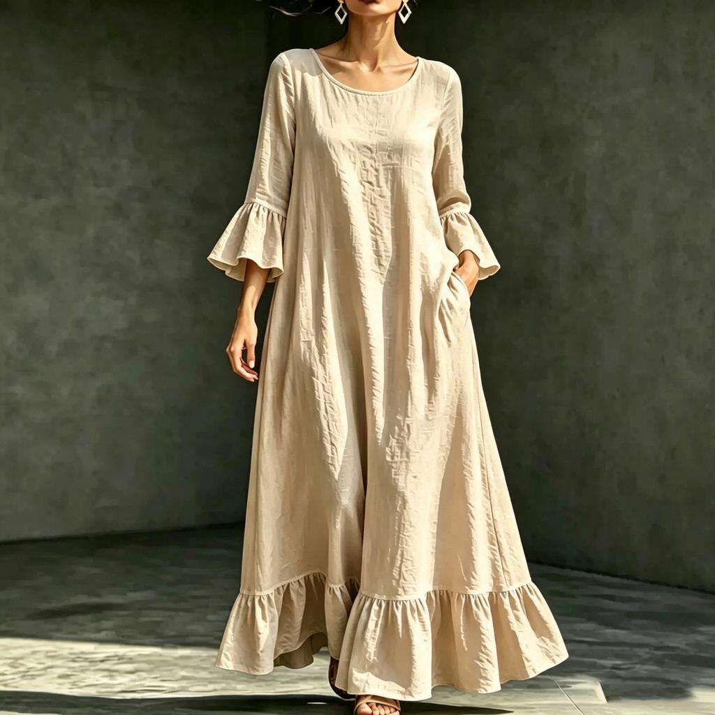 Women Round Neck Bell Sleeve Ruffle Hem Maxi Dress with Pockets Solid Color Casual Loose Fit Dress