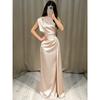 New Satin Round Neck Long Dress, High Waist Pleated Elegant Evening Party Gown