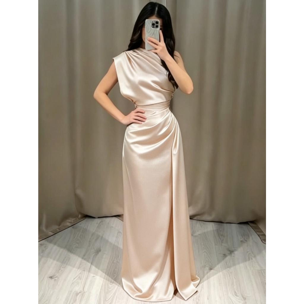 New Satin Round Neck Long Dress, High Waist Pleated Elegant Evening Party Gown