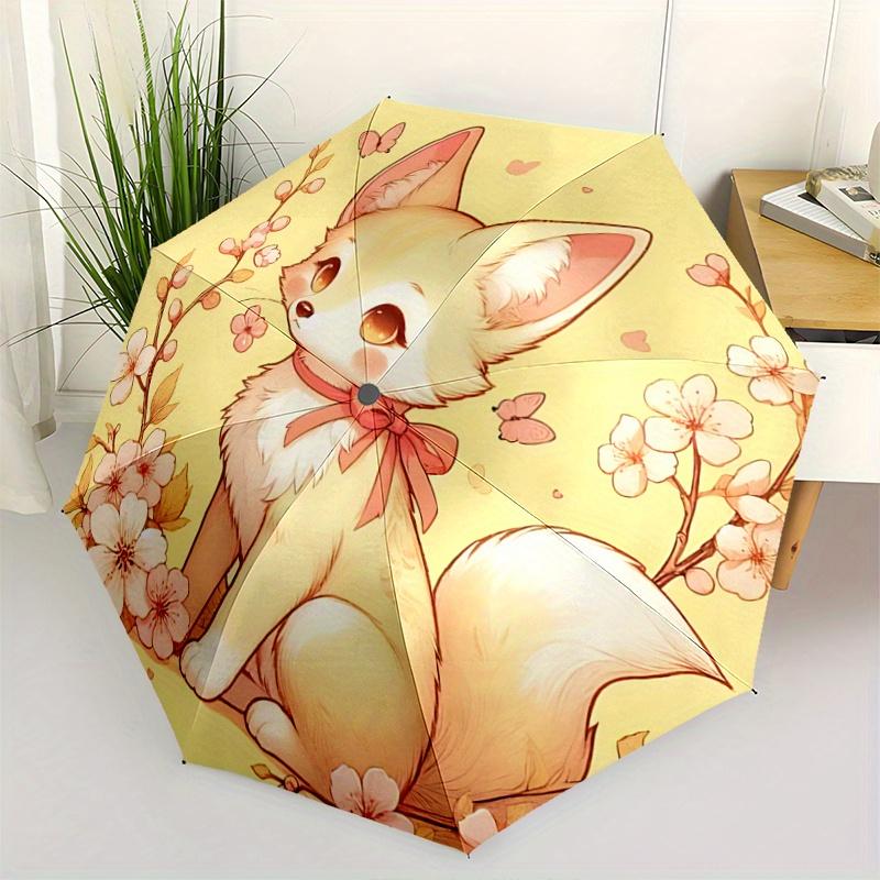 

1pc Fox & Flower Fully Automatic Folding Portable Umbrella, 8 Iron Frames, Three-Fold Design, Suitable for All Seasons, Suitable for Outdoor