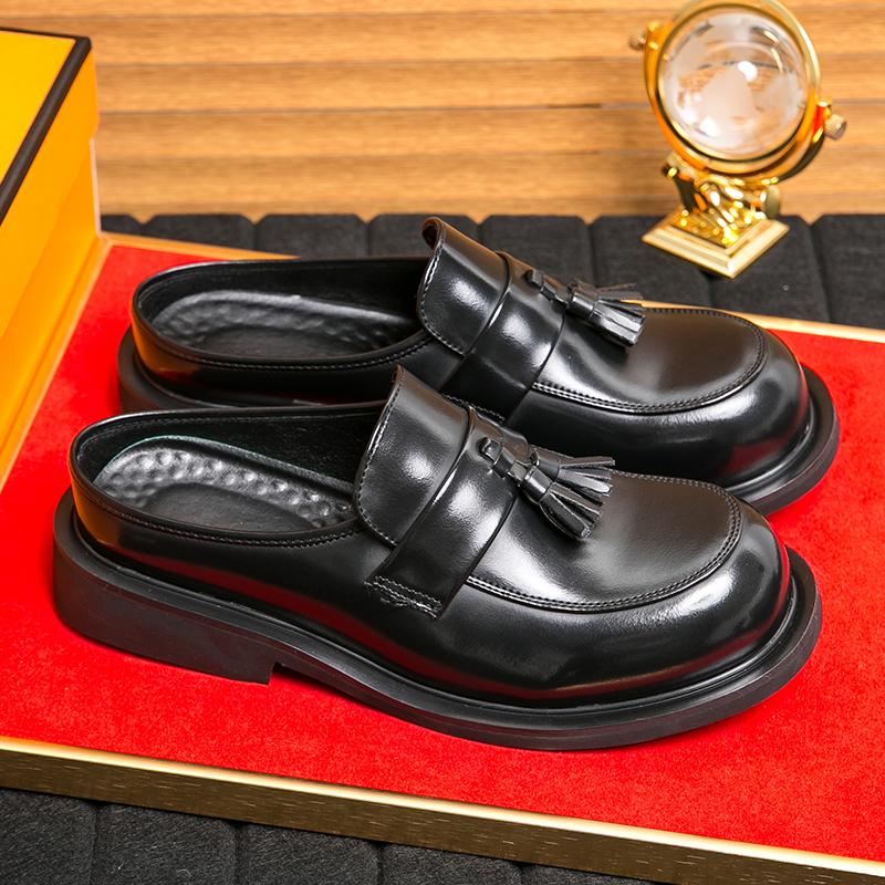 Men Tassel Shoes Black PU Thick Sole Anti slip One Step Step Business Brand Half Slippery Leather Shoes 38-46 Men Shoes