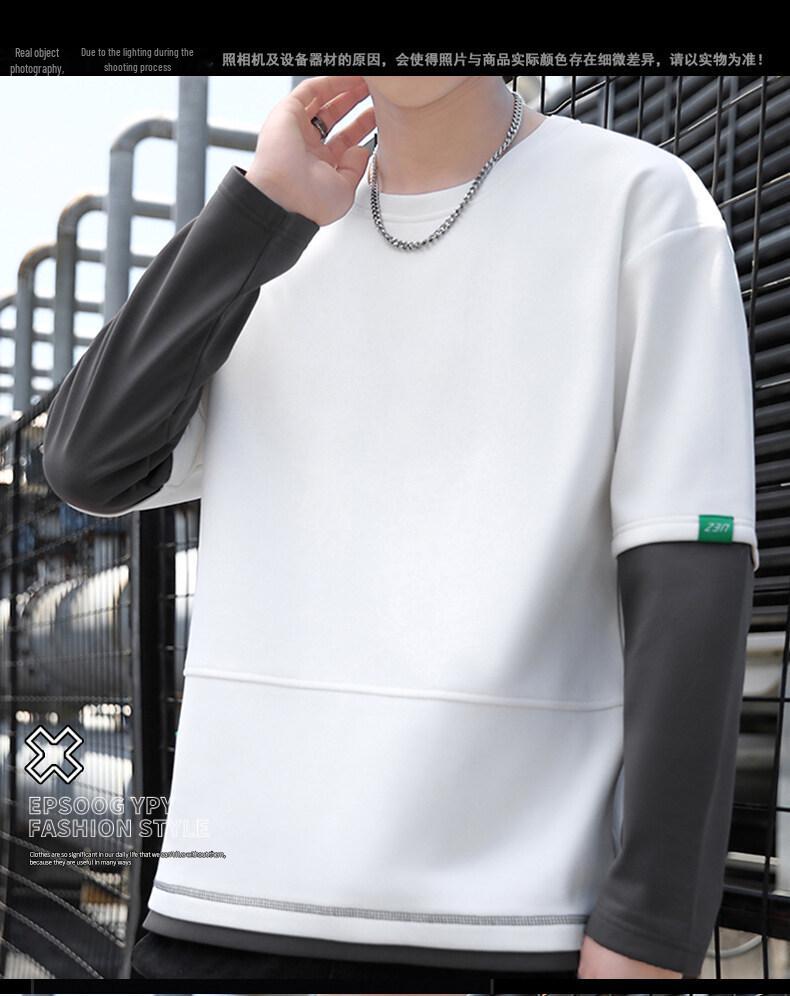 Autumn 2023 Men's Round Neck Sweatshirt - Fake Two-Piece, Versatile, Casual, Handsome Style