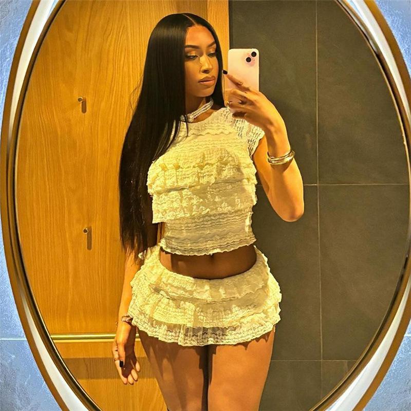 Sladké Nepravidelné Zvlnění Elegantní Šik Sady Žakárová Krajka Stupňovitá Sukně Crop Top Ladící Dámské Oblečení Estetické Roztomilé Vintage Y2k Letní Oblečení