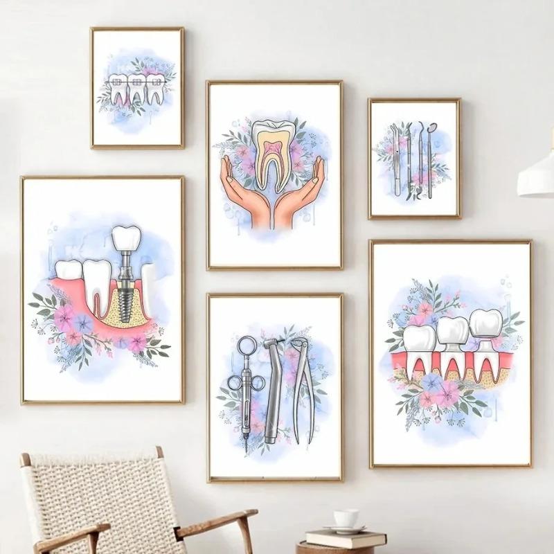 Abstract Watercolor Teeth Anatomy Flower Posters and Prints Dentist Wall Art Pictures Canvas Painting for Clinic Home Decoration