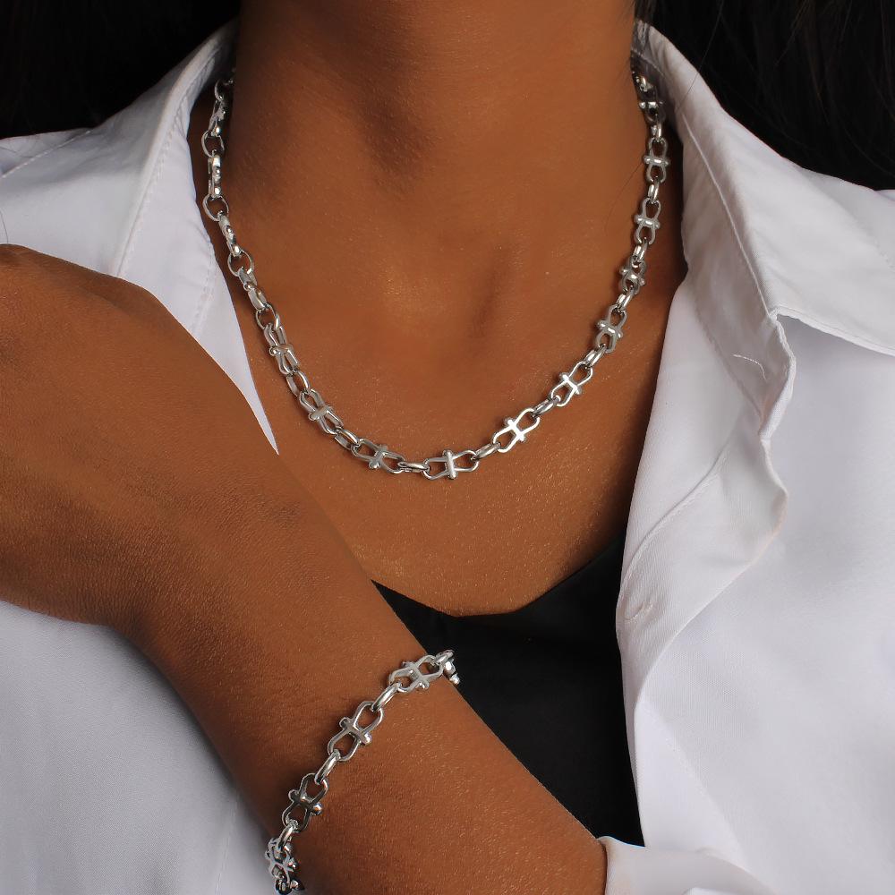 Trendy Bow Necklace and Bracelet Set - European American Hip Hop Style Jewelry in 304 Stainless Steel.