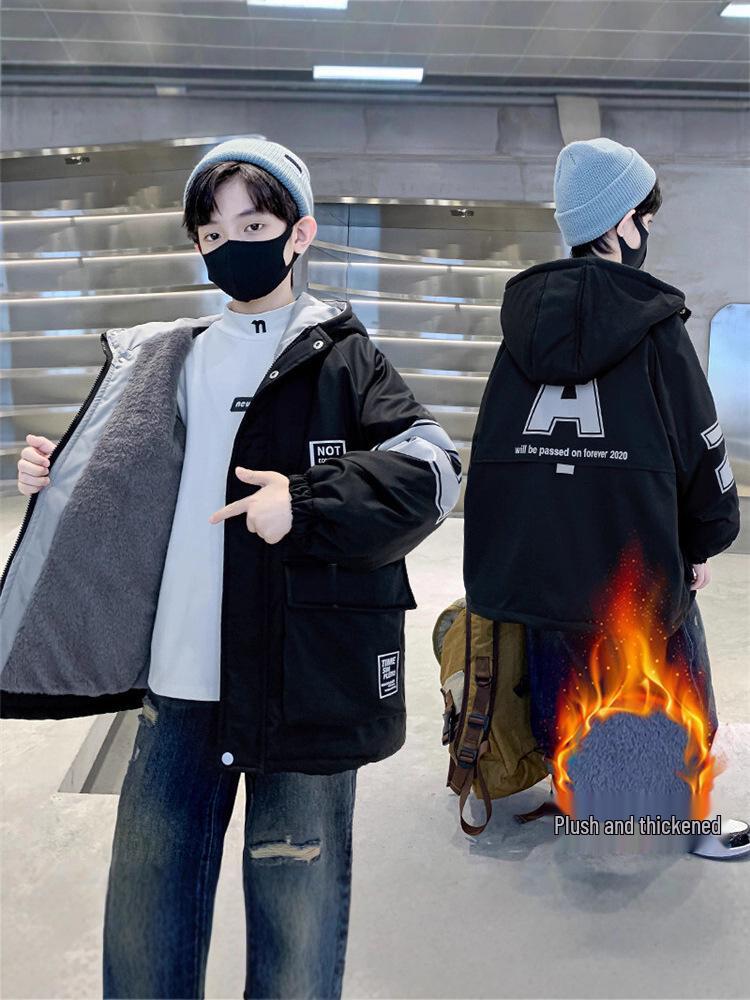 Boys' 2025 Winter Cotton-Padded Fleece-Lined Parka with Rabbit Fur