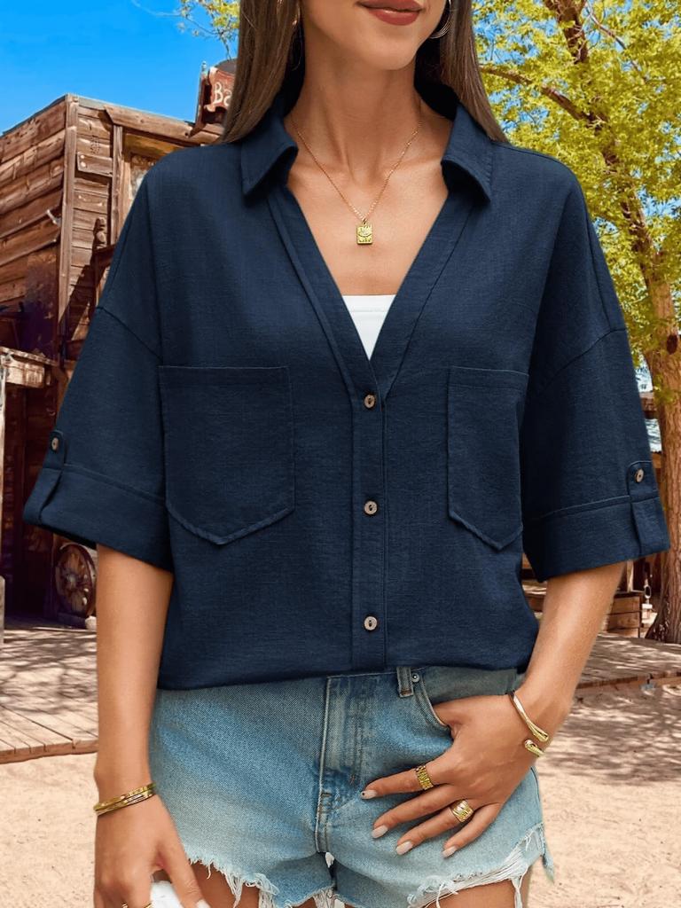 Women's Button Down Collared Blouse V Neck Cotton Short Sleeve Loose Top