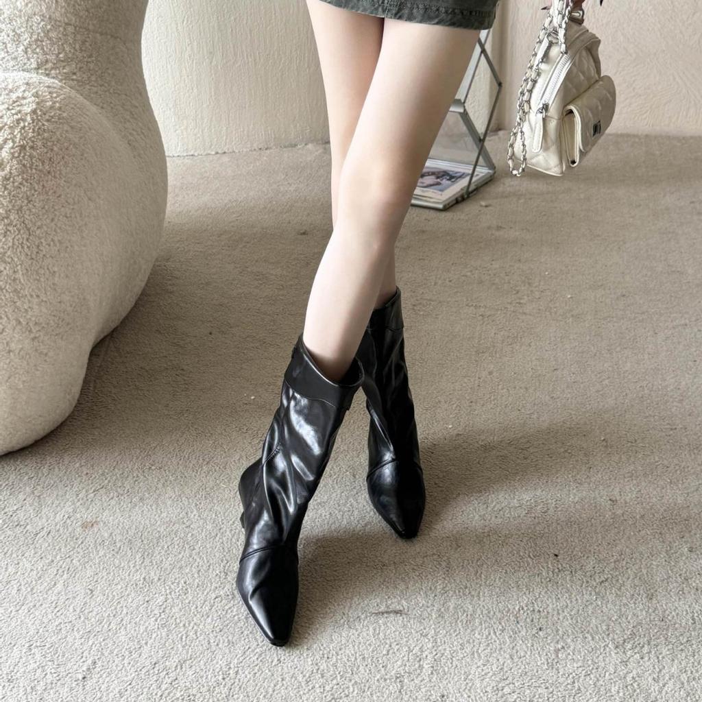 Autumn and winter new square head slope heel French fashion anti-fold belt buckle wide tube mid-tube boots