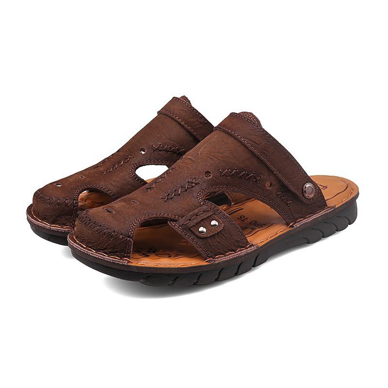 

The first layer of cowhide men s summer leather sandals outdoor two wear cool slippers bag head 44
