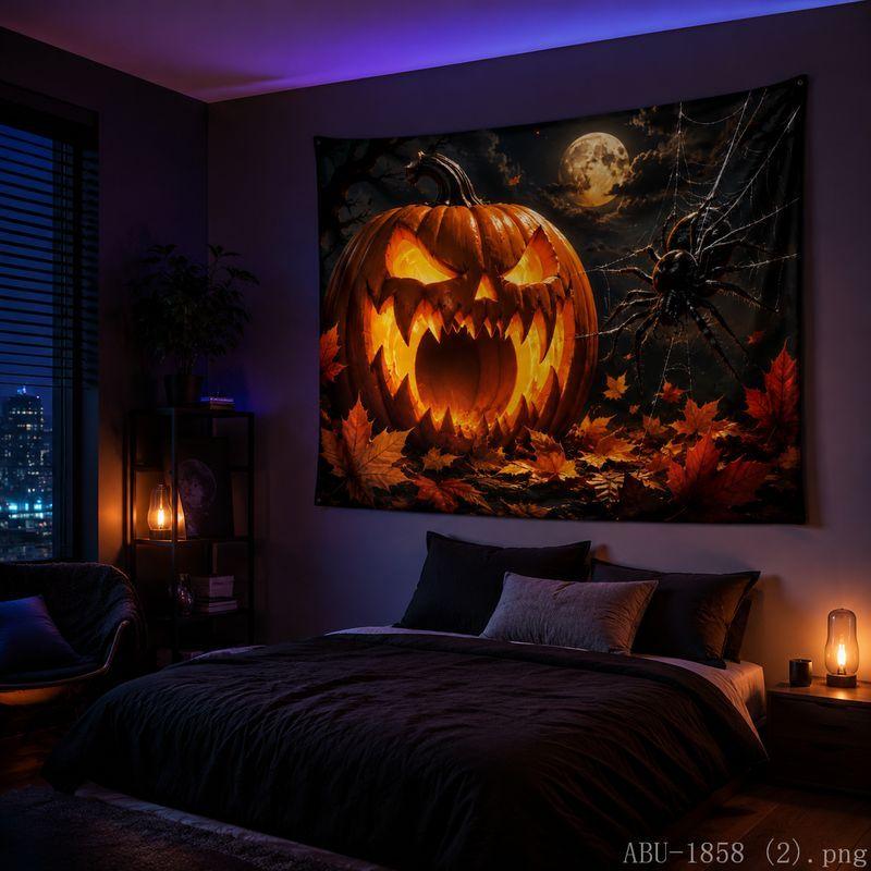 Halloween Tapestry Pumpkin Maple Leaf Spider Moon Print Bedroom Living Room Party Wall Hanging Decor Cloth