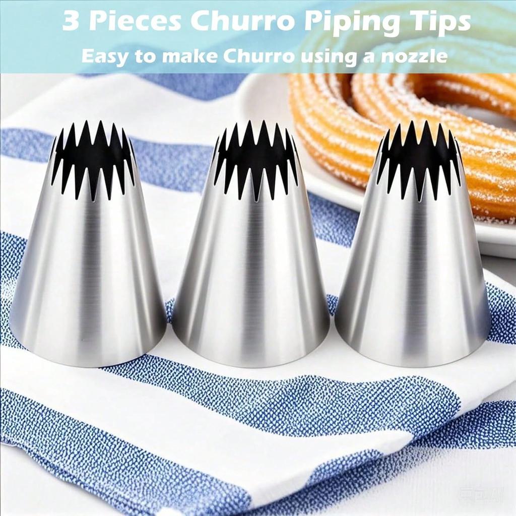 3 Pieces Stainless Steel Large Piping Tips Churro Maker Icing Tips,Pastry Cake Decorating with 20Pcs Disposable Piping Bags