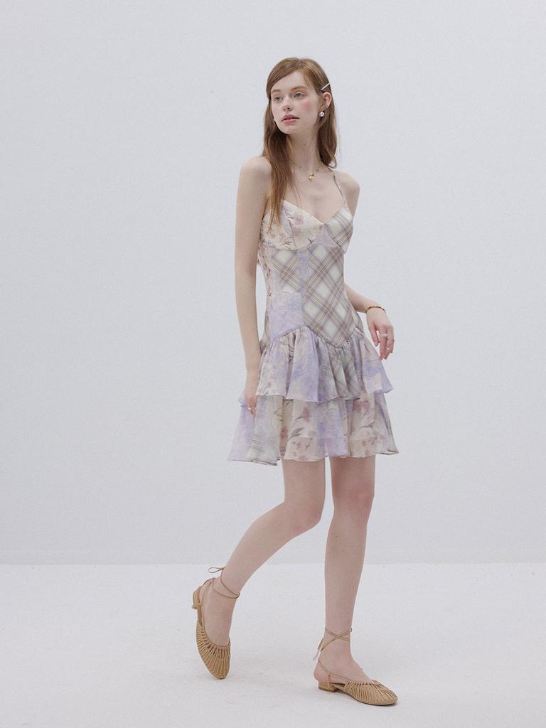 Sinseuden Lavender Floral Patchwork Mini Dress