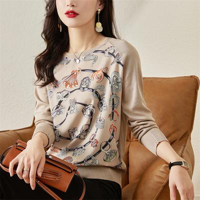 Knit Shirt Women's Knitwear Long-sleeved Autumn Loose Bottoming Shirt Printed Tops