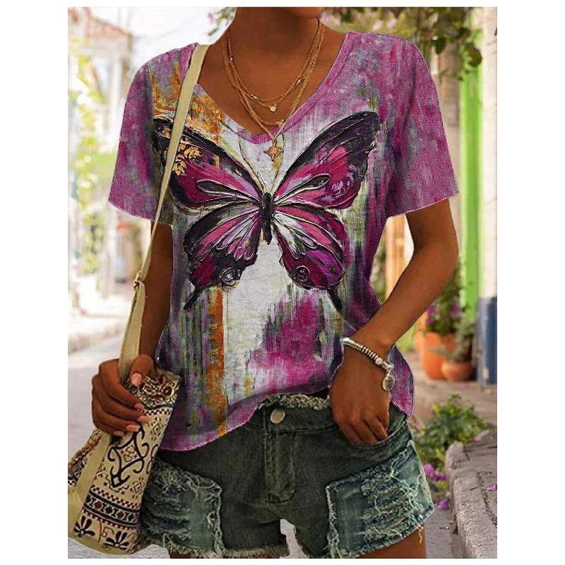 Damen T-Shirt mit Schmetterlingsdruck Kurzarm V-Ausschnitt Regular Schmetterlingsmalerei T-Shirt Damen