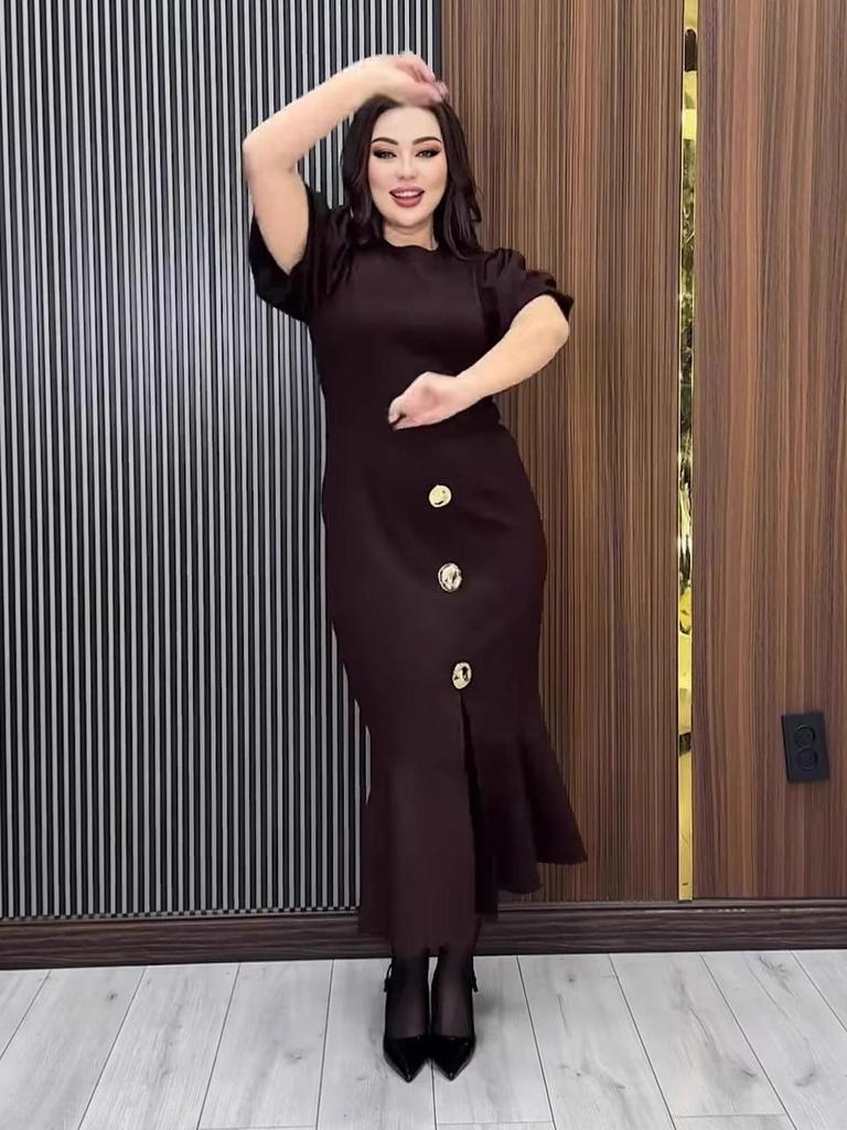 2025 Autumn Elegant Fishtail Dress - Solid Color, Short Sleeve, Slim Fit, Round Neck
