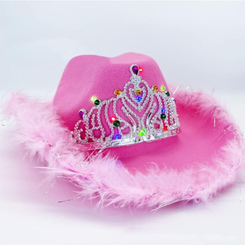 Rhinestone Crown Cowboy Hat Western Style Led Light Brim Hat Fedora Felt Cowboy Jazz Hat Accessory Wedding Party Hat