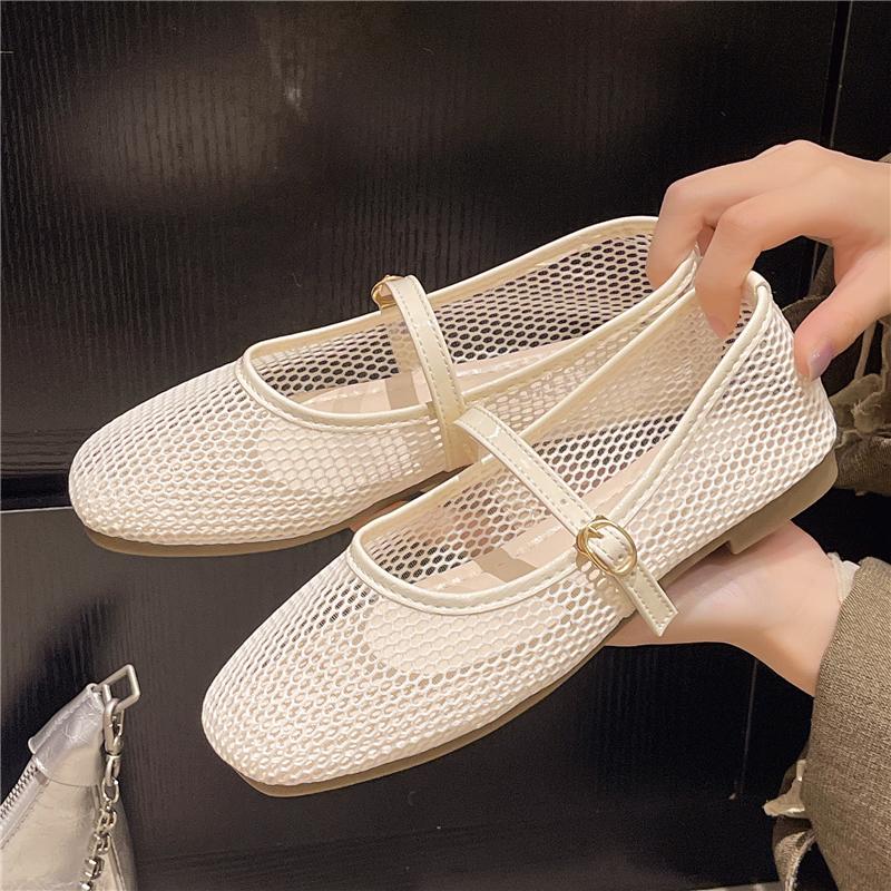Square Toe Shallow Mouth One Strap Mesh Single Shoes Summer New Soft Sole Non-slip Low Top Shoes