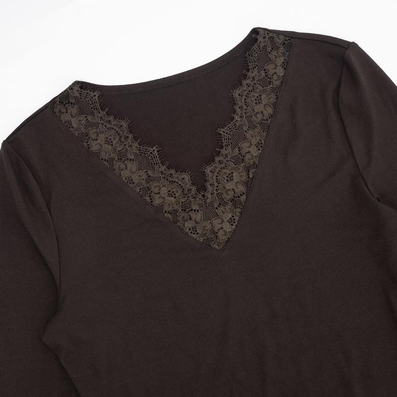 Pure Desire V-neck Lace Trim Long-sleeve Slimming Top for Women - Spring/Autumn Trendy Style