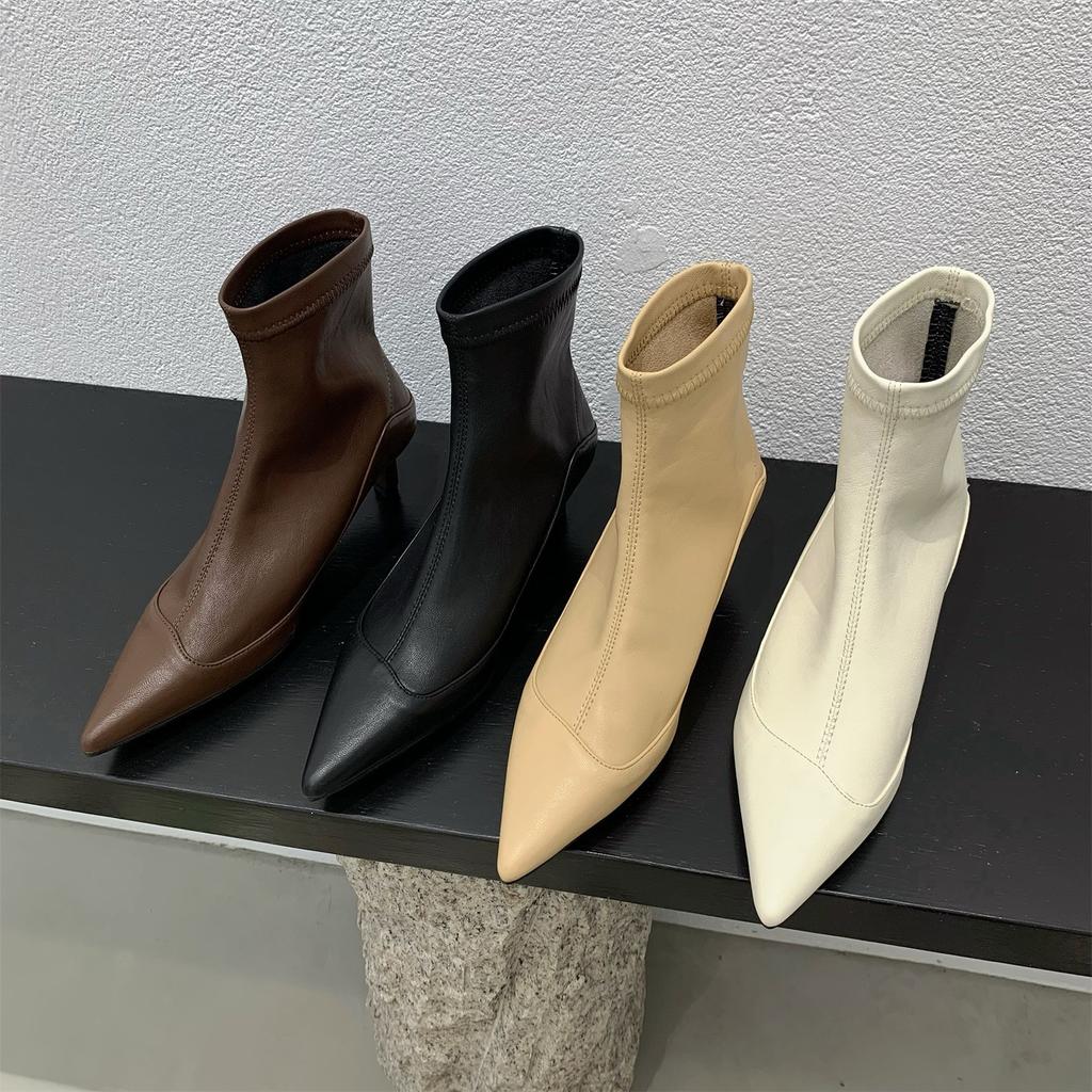 French pointed short boots women's spring and autumn low-heeled fashion soft leather versatile velvet display and bare boots