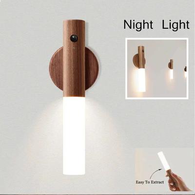 LED Ahşap USB Gece Lambası Manyetik Duvar Lambası Mutfak Dolabı Dolap Işığı Ev Merdiven Yatak Odası Masa Hareket Lambası Başucu Aydınlatması