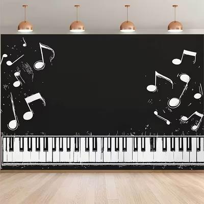 2D Blackboard Music Theme Backdrop Piano Keys and Notes for Musician Party Background