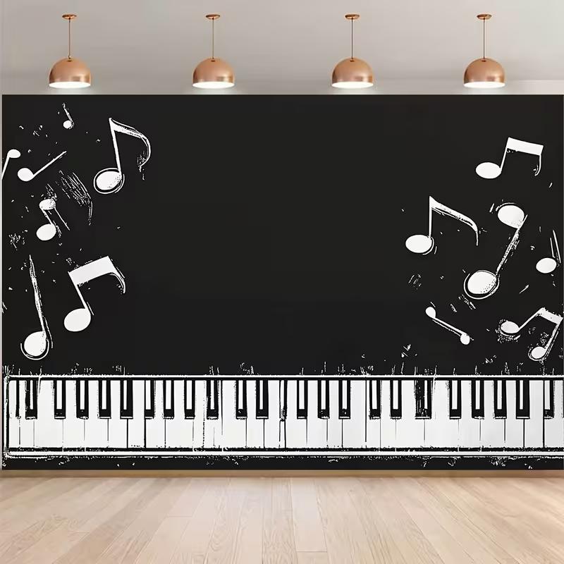 

2D Blackboard Music Theme Backdrop Piano Keys and Notes for Musician Party Background 47.2x31.5inch/120*80cm