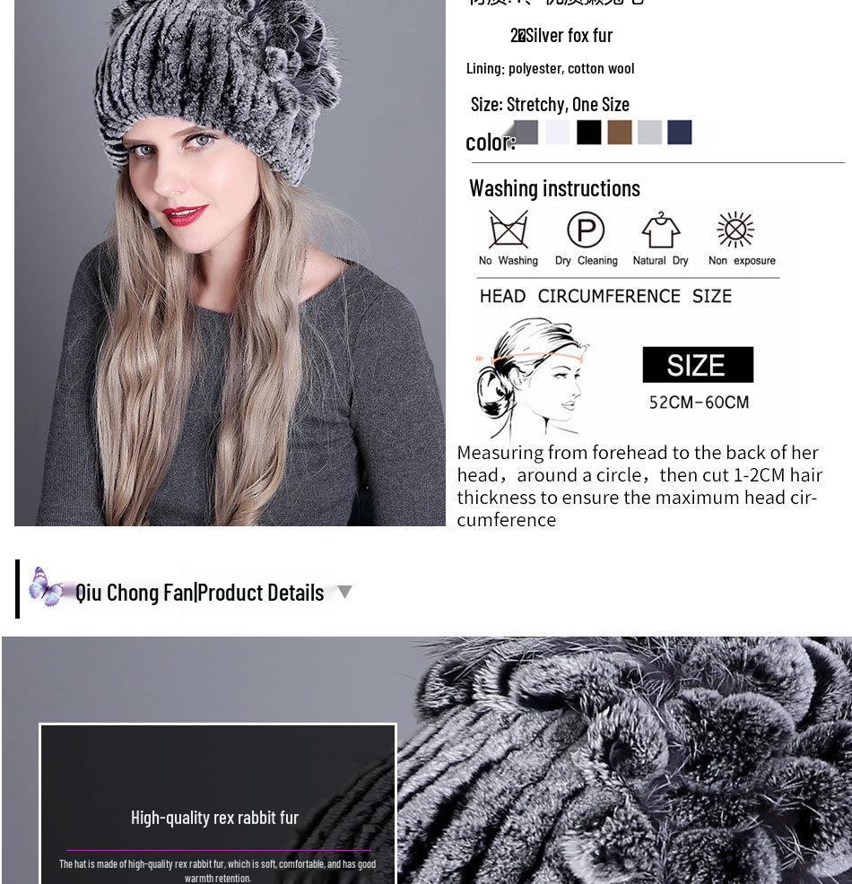 Damska europejska i amerykańska zimowa czapka z grubej wełny z futrem z królika ottera i kwiatem z boku