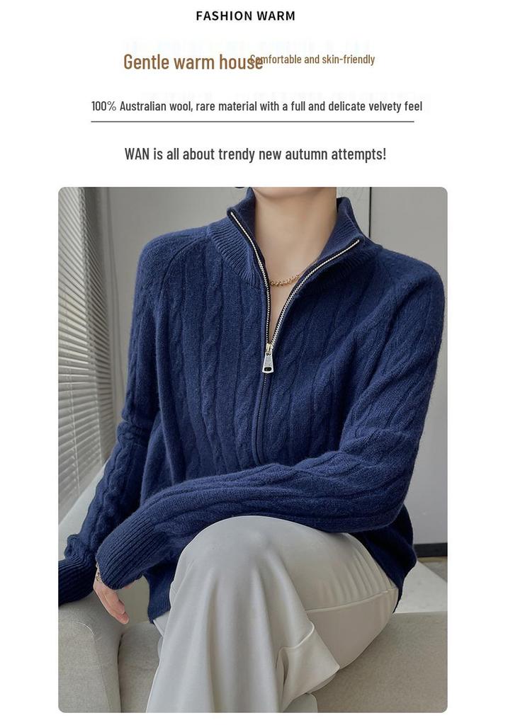 Women's Wool Zipper Knit Cardigan Sweater with Lapel