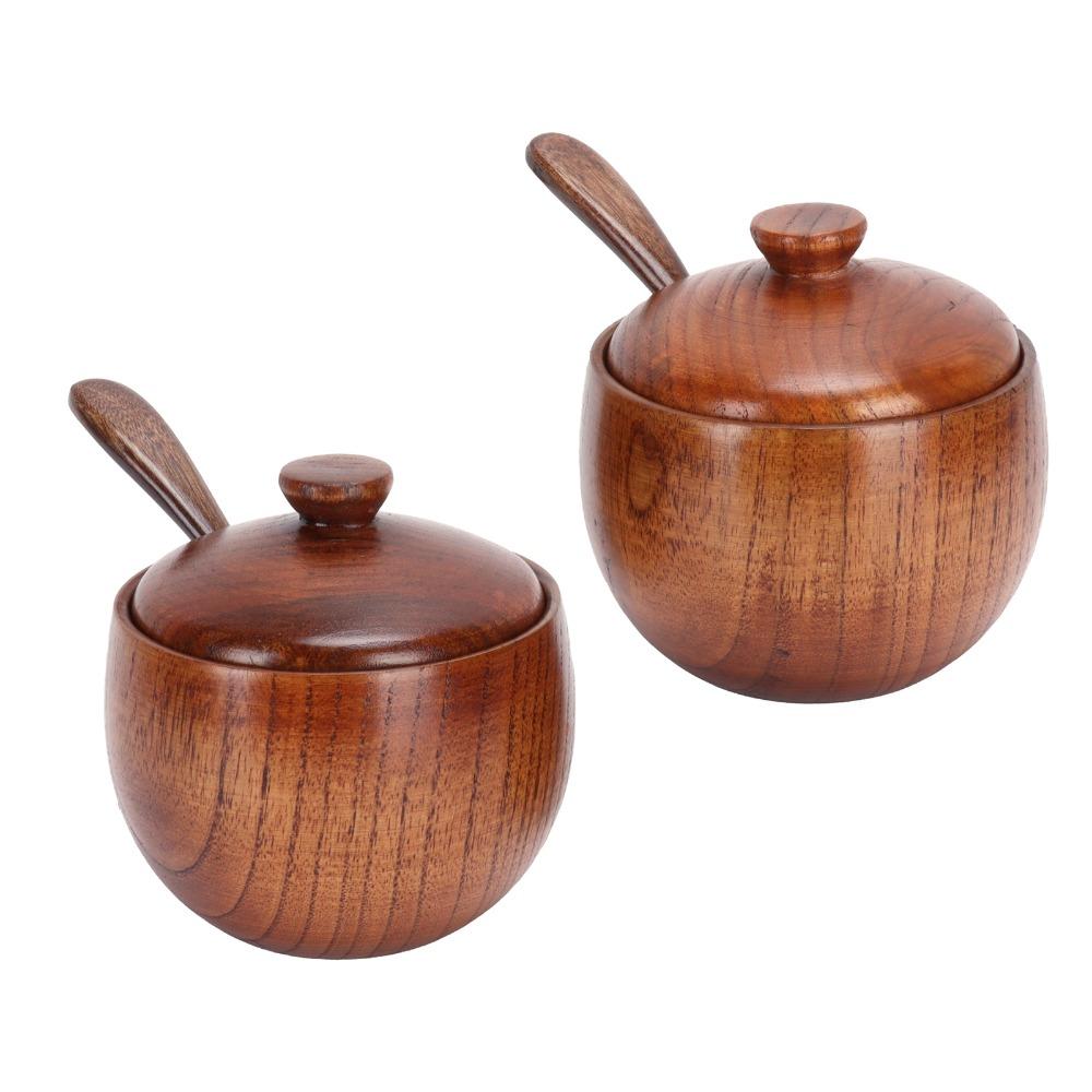2Set Wooden Bowl Solid Wood Seasoning Jar Retro Japanese Sugar Bowl with Lid and Spoon 2.4x3.5in Condiment Container Coffee Bar